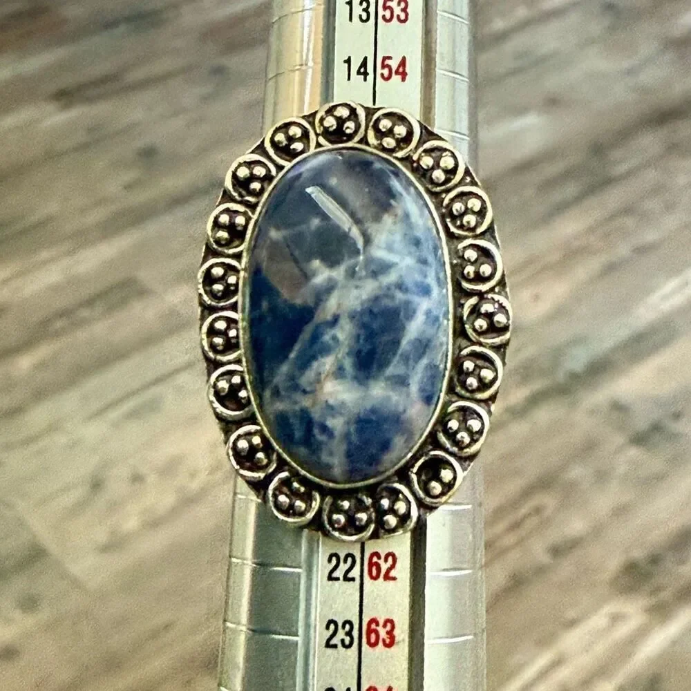 Stunning Sodalite Statement Boho Silver Ring Oval Framed Size 8.5 New